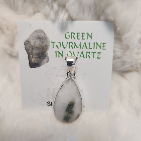 Green Tourmaline in Quartz Teardrop Pendant