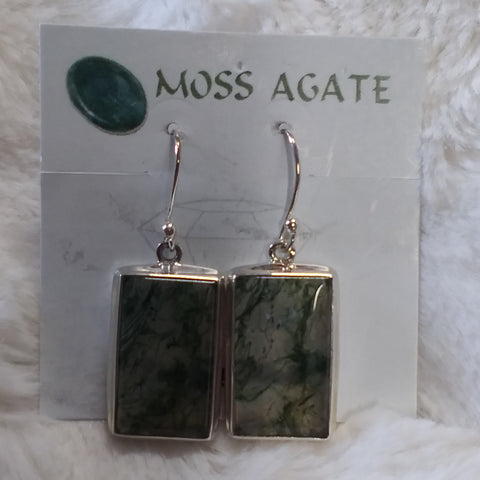 Moss Agate Rectangle Sterling Silver Earrings