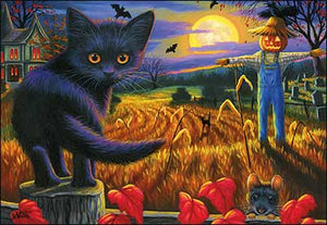 Halloween Card Black Cat with Fall Field Halloween Greeting Card