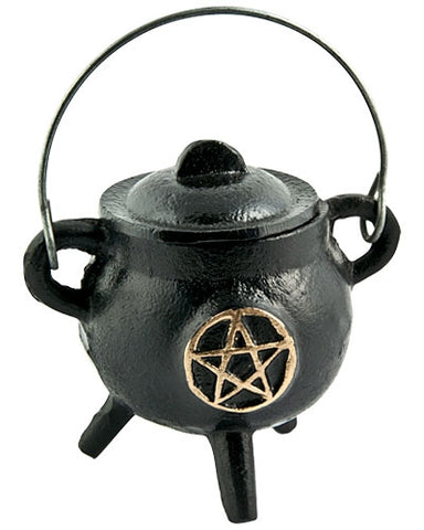 Pentacle in Gold Cast Iron Cauldron with Lid