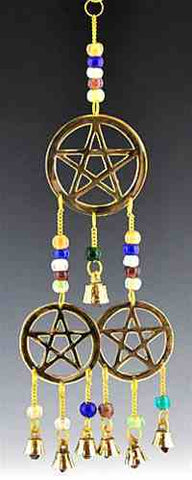 Triple Pentacle Brass Chime with Beads - 12"L