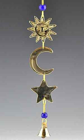 Sun Moon Star Brass Chime with Beads - 10"L