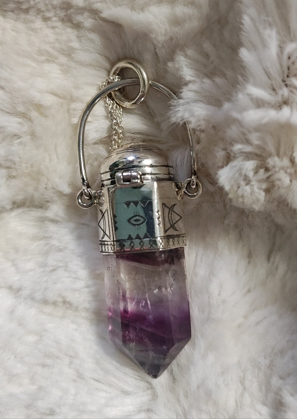 Rainbow Fluorite Point with Storage Cap Pendulum