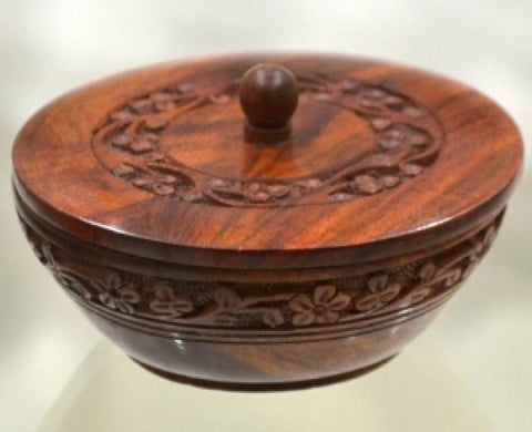 Floral Carved Wooden Bowl with Lid