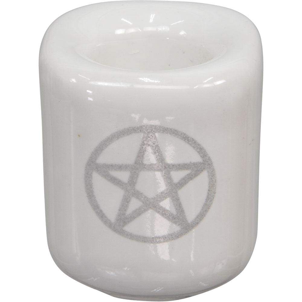 Pentacle White and Silver Ceramic Spell Chime Candle Holder