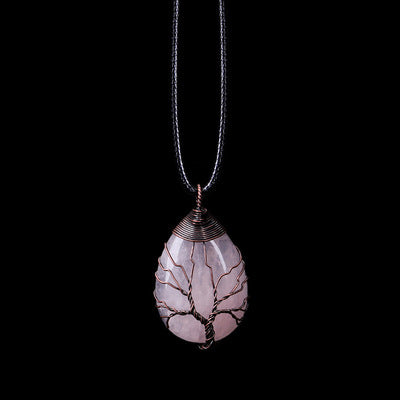 Natural Rose Quartz Pendant Copper Wire Wrapped Tree Teardrop shape