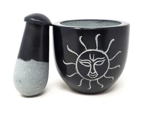 Sun Carved Black Soapstone Mortar & Pestle