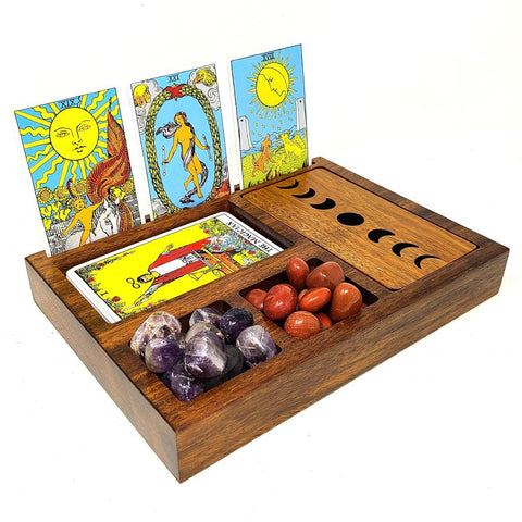 Wooden Tarot Card Holder with Moon Phase Lid Design