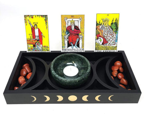 Wooden Triple Moon & Moon Phase Tarot Card Tray