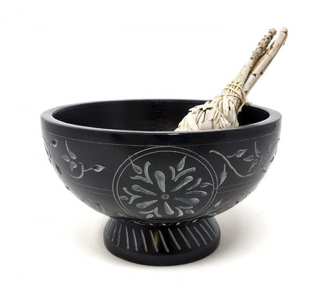 Floral Carved Black Soap Stone Bowl