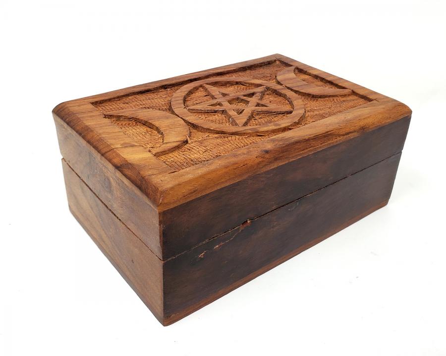 Triple Moon Pentagram Carved Wooden Box