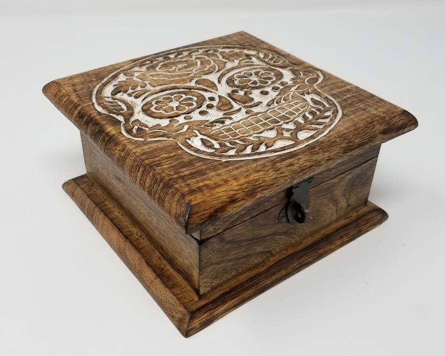 Skull Carved Wood Box
