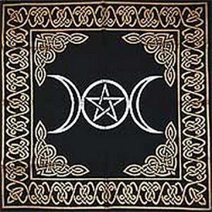 Triple Moon With Pentagram Altar Tarot Cloth Gold Silver on Black