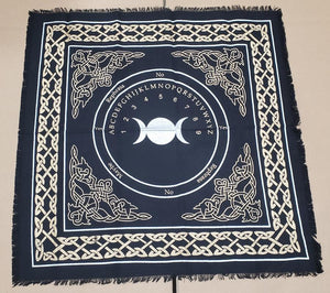 Triple Moon Altar Cloth Ouija Board Silver & gold Print on Black