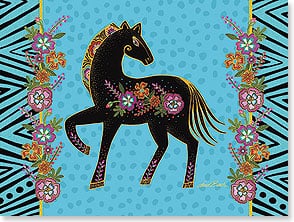 Blank Card Black Horse With Floral Designs