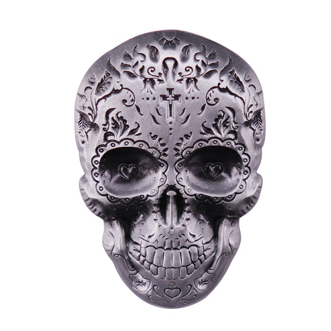 Dark Silver Intricate Flower Tattoo Skull Brooch