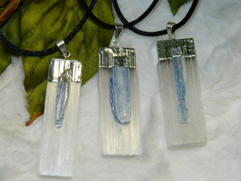 Selenite with Blue Kyanite Pendant Silver Cap