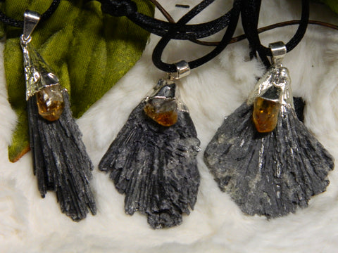 Black Kyanite Broom with Citrine Pendant with Silver Cap