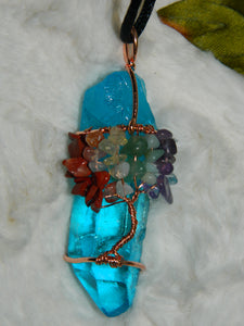 Aqua Dyed Quartz Point Pendant Copper Wire Tree with Chakra Stones