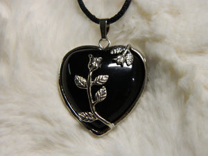 Black Onyx Heart with Flower Pendant