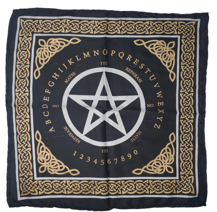 Pentagram Altar Cloth Ouija Board Silver & gold Print on Black Satin