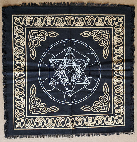 Metatrons Cube Altar Cloth Gold & Silver print on Black