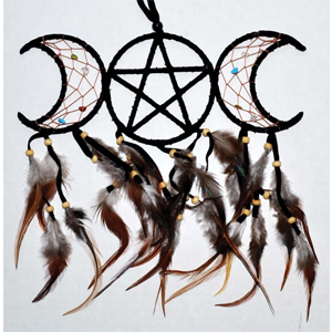 Triple Moon with Pentagram Black Dream Catcher with feathers & Beads