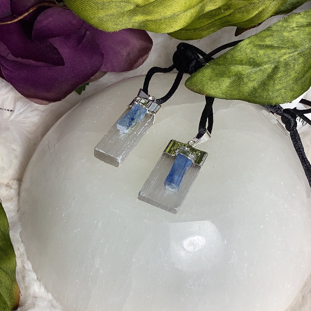 Selenite with Blue Kyanite Pendant Necklace Copper Cap