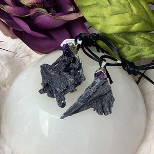 Black Kyanite Broom with Amethyst Pendant with Silver Cap