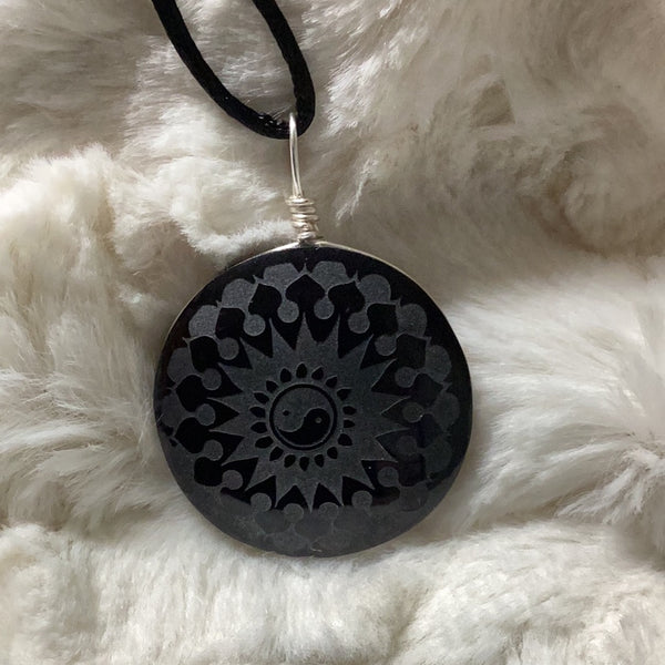 Black Obsidian Pendant with Etched Picture