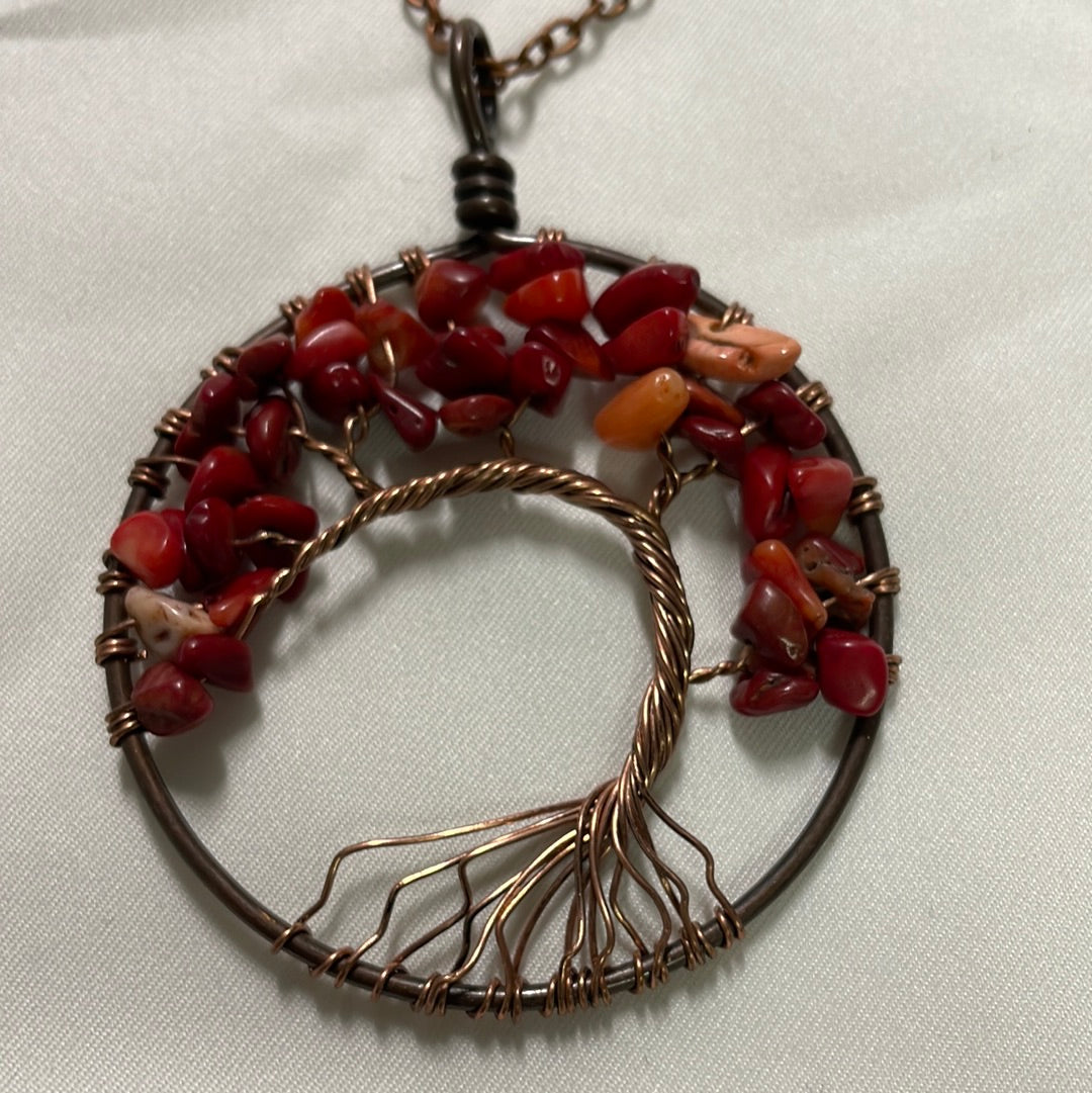 Red Coral Chip Copper Wire Wrapped Tree