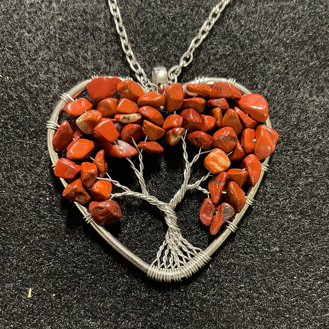 Red Jasper Chip Wire Wrapped Heart Shape Tree Pendant