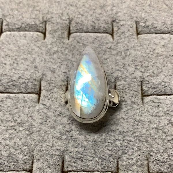 Blue Fire Rainbow Moonstone Teardrop Ring