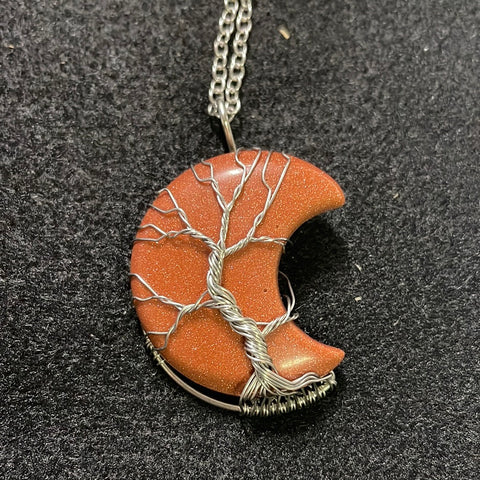 Copper Goldstone Moon Wire Wrapped Tree Pendant