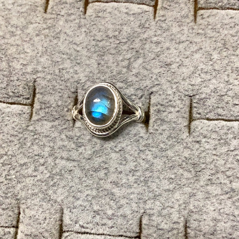 Labradorite Oval Ring in Roped Double Banded Sterling Silver