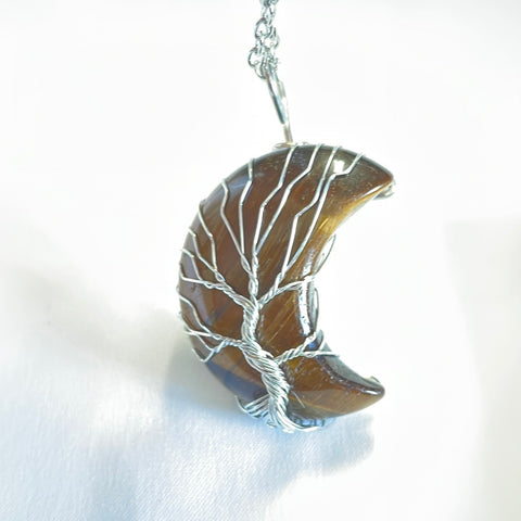Tigers Eye Moon With Wire Wrapped Tree Pendant
