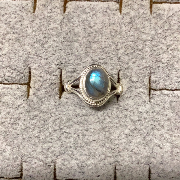 Labradorite Oval Ring in Roped Double Banded Sterling Silver